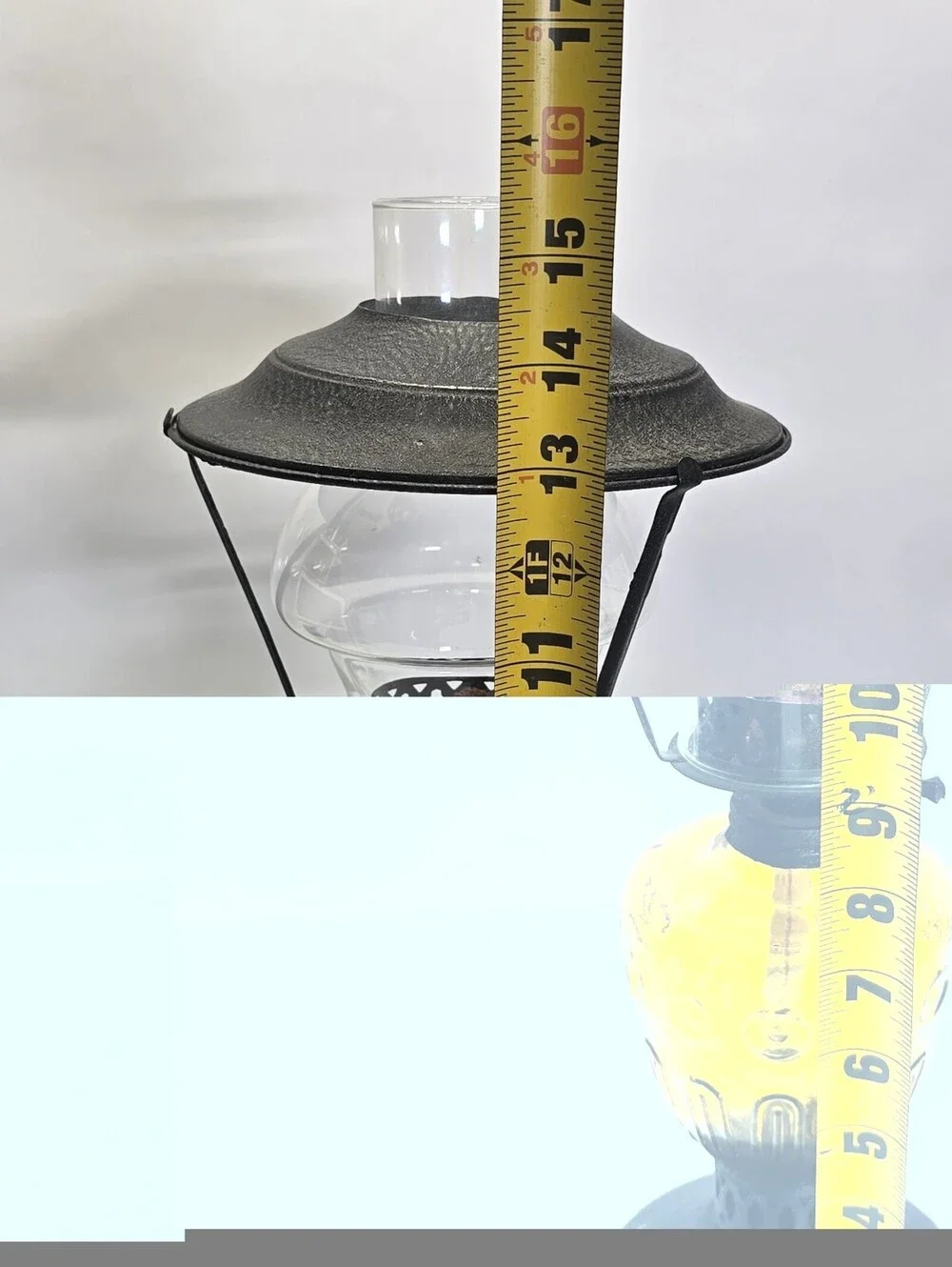 Vintage Amber Glass Hurricane Oil Lamp Metal Shade Pedestal Scalloped Chimney